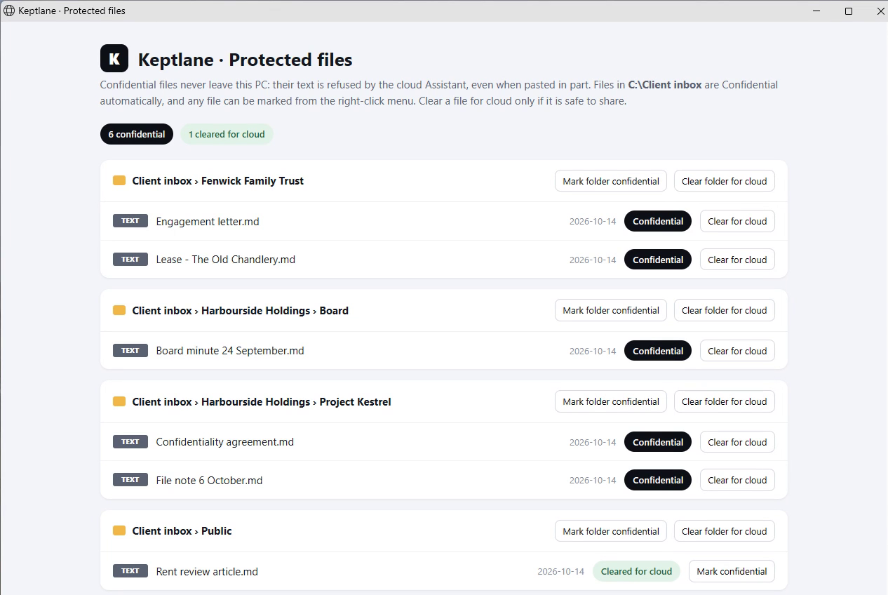 The Protected files page: every confidential file grouped by client folder, each with a Confidential or Cleared for cloud switch
