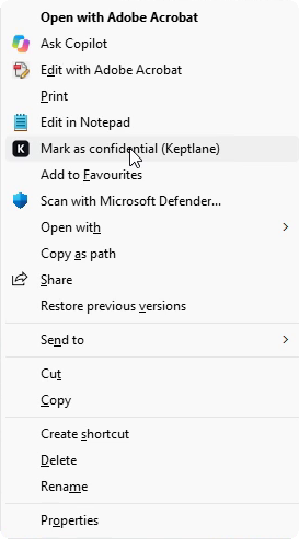 The Windows right-click menu with a Mark as confidential item